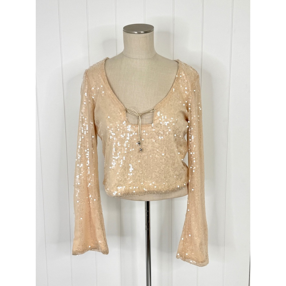 Elodie Sequin Top L Champagne Bell Sleeve Y2K Sheer Mesh Tie Front Party
